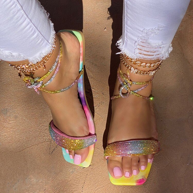 Geumxl Summer Rhinestone Sandals Fashion Open Toe Strap Flat Women's Shoes Outdoor Leisure Beach Sandals Plus Size 43 zapatillas mujer