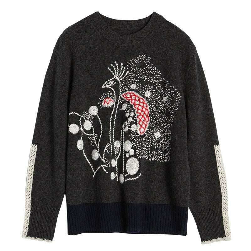 Geumxl Winter Sweater Women Vintage Peacock Pattern Embroidery Loose Warm Pullovers Knit Sweaters Cuff Contrast Color Jumpers