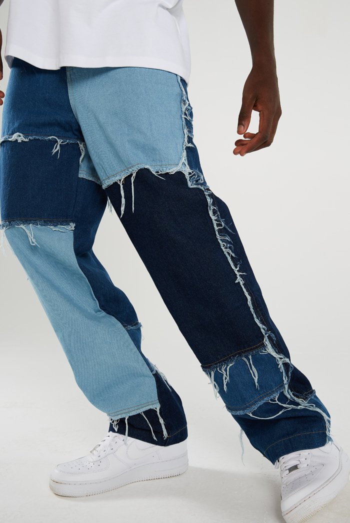 Geumxl Men Wash Splice Casual Straight Tassel Patchwork Jeans Trousers Male Fashion Streetwear Loose Hip Hop Denim Full Length Pants