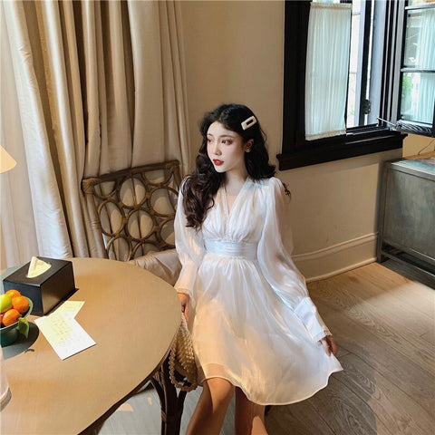 Geumxl 2022 Graduation party  Korean Ulzzang Spring Fall Women White French Dress Sexy V Neck See Through Party Mini Dress Puff Sleeve Stylish Dress With Belt