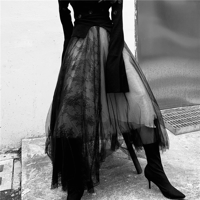 Maxi Long Luxury Soft Tulle Skirt Lace stitching Gothic White Black Pleated Tutu Skirts Womens Vintage Petticoat lange rok jupes