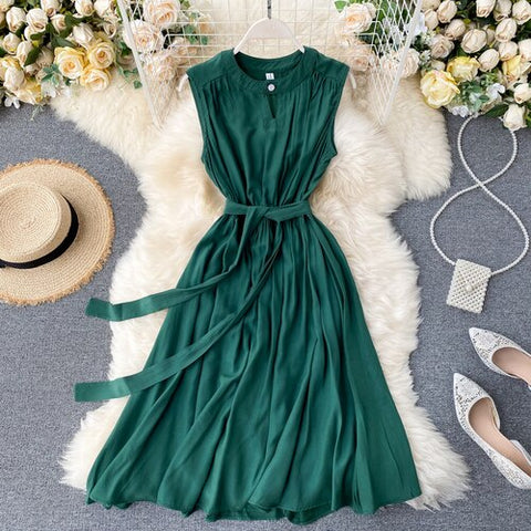 Geumxl Summer Solid Green/Blue/Yellow Casual Dress Elegant Sleeveless Round Neck Sashes Dresses Vintage 2022 New Fashion Vestido Verano