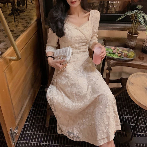 Fairy Vintage Dress Women Evening Party Elegant Midi Dress Female Embroidery Floral Designer One-Piece Drees Korean 2022 Spring