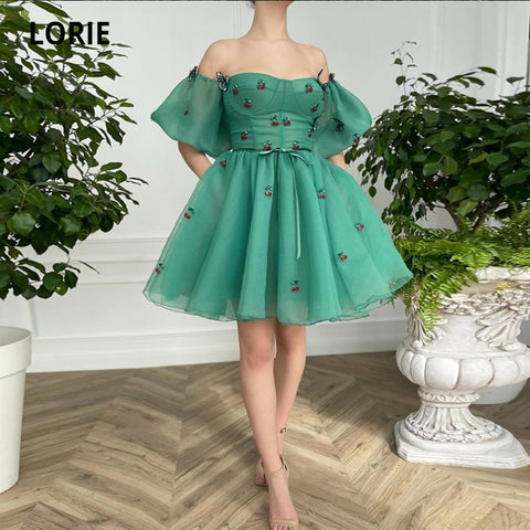 Green Prom Dresses 2022 A-Line Green Red Cherry Short Puff Sleeves Short Party Gown Robes De Cocktail Dress For Teens