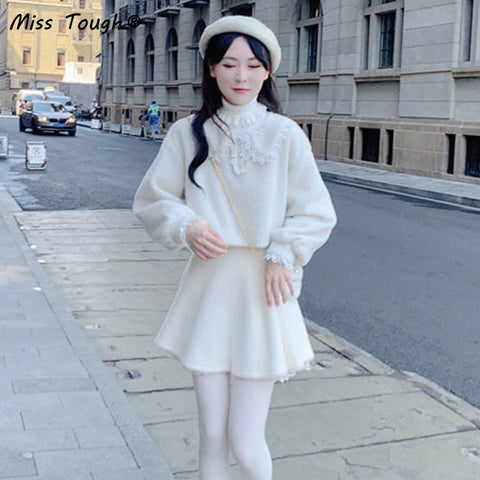 Geumxl Winter Kawaii Mini Skirt Women White Velvet Sweet Party Mini Skirt Female Koeran Fashion Designer Lace Patchwork Cute Skirt 2022