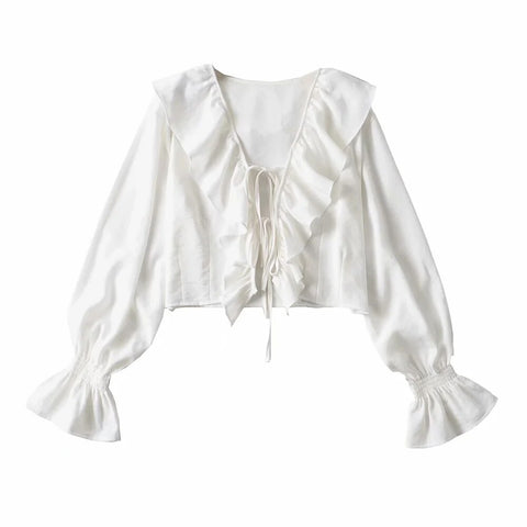 Summer Spring Temperament Beach New Top Hedging Ruffled V-Neck Lace-Up White Crop Top Lace-Up Trumpet Sleeve Long-Sleeved Tops