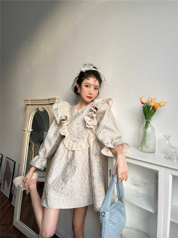 Geumxl 2022 Spring Beige Color Bubble Long Sleeve Mini Floral Printing Dress For Women Cute Party Clothing 2D7077