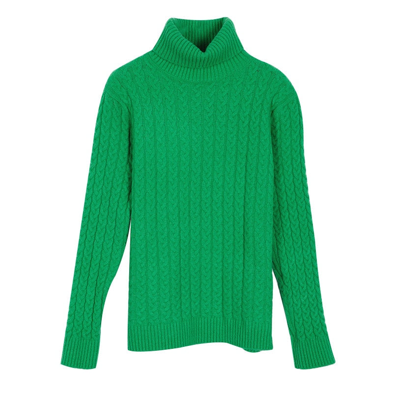 Geumxl Women Sweaters Polo Collar Twisted Turtleneck Knitted Zipper Green Winter Women's Sweater Jumper Drop-Shoulder Fashion Pullover