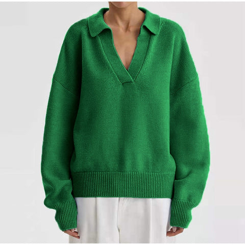 Geumxl V-Neck Knitted Women's Sweater Pullover Green Long Sleeve Loose Winter Jumper Female 2022 New Drop-Shoulder Fashion Sweaters