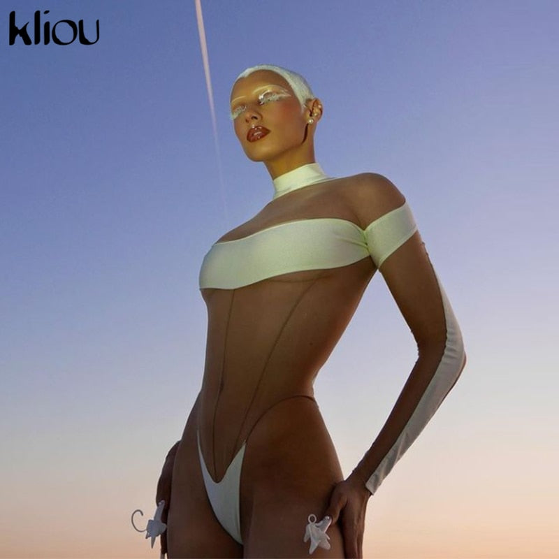 Mesh Patchwork Bodysuit Women Sexy See Through Halter Backless Panelled One Piece Female Elastic Summer Swimsuit  Apparel