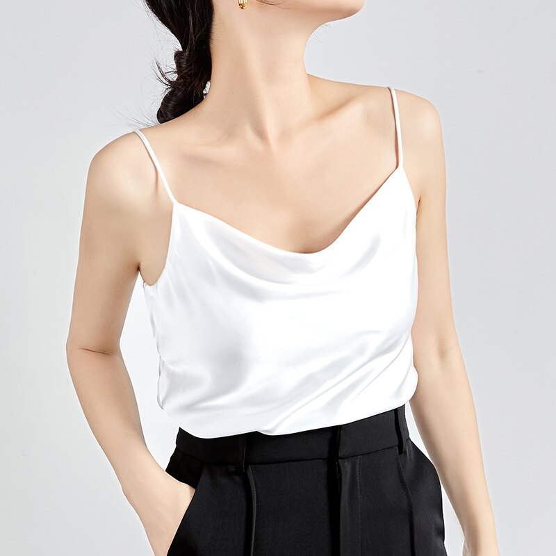 Elegant Pile Collar Spaghetti Strap Top Women Sexy Backless Solid Satin Camisole Female Casual Basic Cami Tops 2023 New Fashion