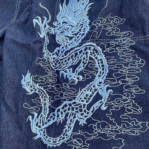 Retro Street Skateboarding Street Dance Loose Chinese Dragon Embroidered High Waist Jeans Women Daddy Mopping Jeans Female 2022