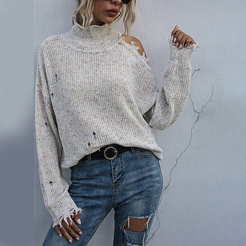 Strapless Hole Women's Sweater Knitted Half High Collar Fashion Loose Woman Pullovers Sexy Autumn Winter Casual Top Female Hot