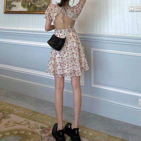 Summer Elegant Floral Dress Women Lace Up Designer Backless Sexy Mini Dress French Retro High Waist Chic Party Sweet Dress 2022