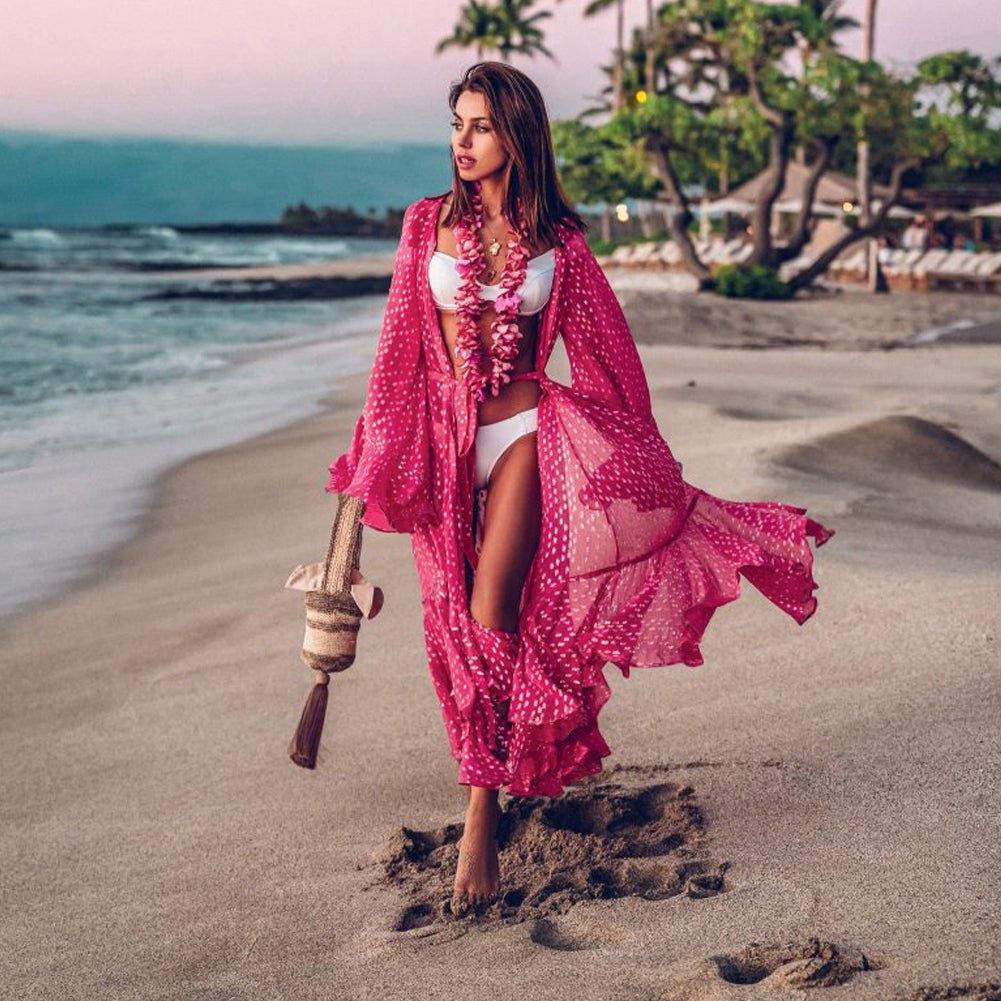 Summer Ruffle Dot Print Beach Boho Maxi Dress Long Sleeve Lace-Up Loose Hawaii Vacation Dress