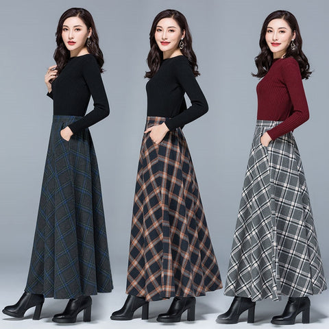 Geumxl Mom High Waist Woolen plaid Skirts 2023 Autumn Winter Women's Plus Size Wool Maxi Skirts Female Fashion Casual Long Streetwear
