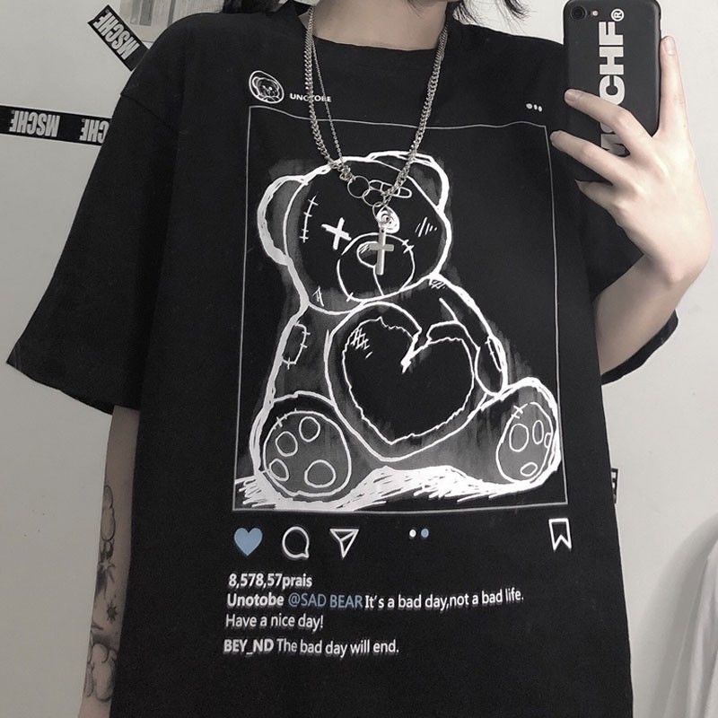 Korean Dropshipping Cute Bear Hip Hop Vintage Letter Punk Clothes Top Short Sleeve Large Print Harajuku Women T-Shirt