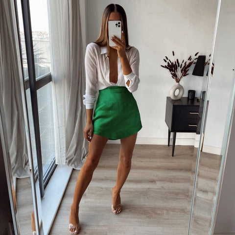 Geumxl-2024 Sexy High Waist Green Satin Skirt Like Silk Summer Women Bodycon Mini Skirts