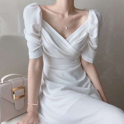 Geumxl V-neck Slim Waist Women Dress Elegant Puff- Sleeve White Female A-line Dress 2023 Summer Party Vestidos Femme Maxi Dresses