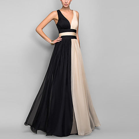 Summer Elegant Dresses Sleeveless Maxi Dresses Deep-V Neck Patchwork Temperament  Versatile Vestido