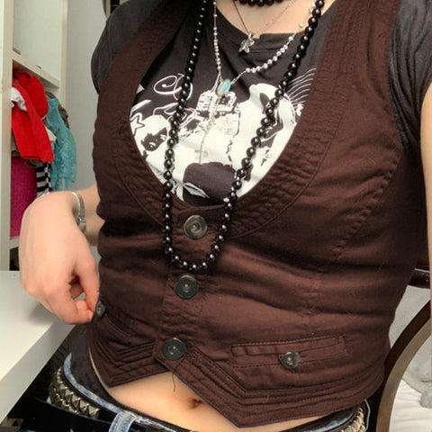 Geumxl Y2K Button Corset Top Black Sleeveless Tank Tops Skinny V Neck Aesthetic Punk Crop Top Grunge Fairycore Women Vests