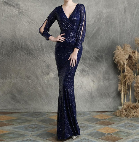 Geumxl evening dresses sexy v-neck mermaid black gold sequin Prom dress floor length in stock evening gown with long sleeves