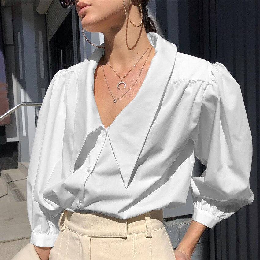 Women High Street Fashion Shirts Vintage Puff Sleeve Turn Down Collar White Shirt 2023 New Fashion Spring Summer Elegant Tops
