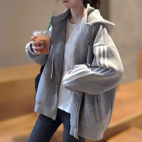 Geumxl Women Hooded Zipper Jackets Female Fashion Long Sleeve Casual Coats Plus Size Korean Loose Outwear