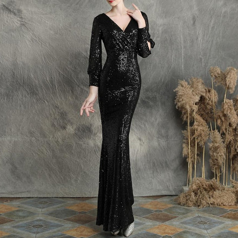 Geumxl evening dresses sexy v-neck mermaid black gold sequin Prom dress floor length in stock evening gown with long sleeves