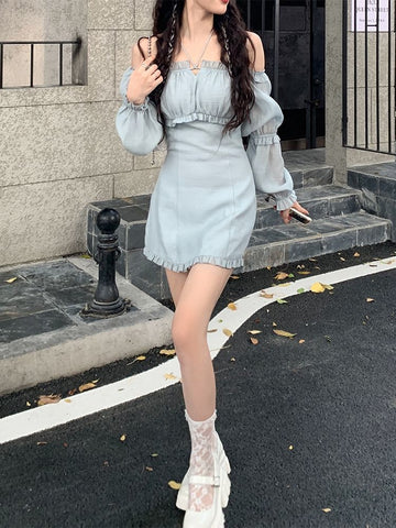 Geumxl-hoco dresses  Autumn Solid Elegant Dress Women Korean Princess High Waist Casual Sweet Dress Female Party Long Sleeve Mini Fairy Dress 2024