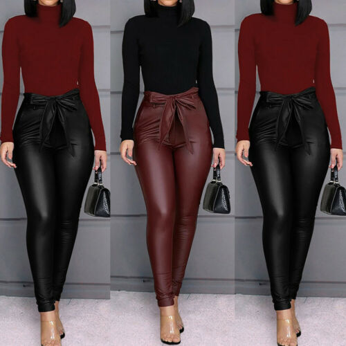 Geumxl Belt High Waist Pencil Pant Women Faux Leather PU Sashes Long Trousers Casual Sexy Push Up Slim Design Fashion