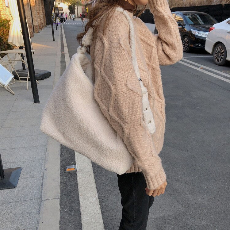 Back To School Winter Lamb Faux Fur Ladies Shoulder Bag Solid Color Soft Fluffy Plush Women Messenger Bags Large Capacity Female Casual Tote