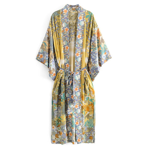 Geumxl 2022 Printed Summer Beach Wear Clothing Long Kimono Autumn Plus Size Tunic Women Tops Self Belted Wrap Coat A155