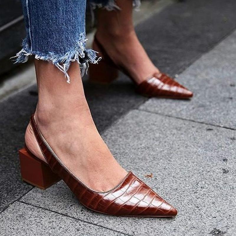 Graduation  Women's Mid Heeled Shoes Retro Crocodile Pattern Pumps for Women Pointed Toe Office Ladies Sandals 2022 Summer Female Shoes