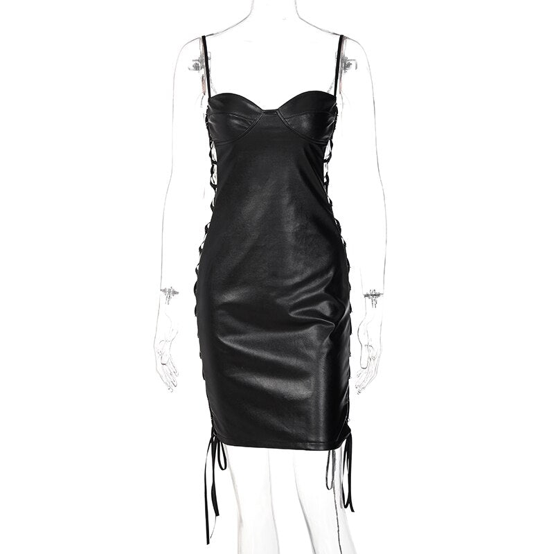 Geumxl Pu Leather Solid Slip Bandage Drawstring Cut Out Sexy Dress Fall Winter Women Streetwear Outfits Party Club Y2K