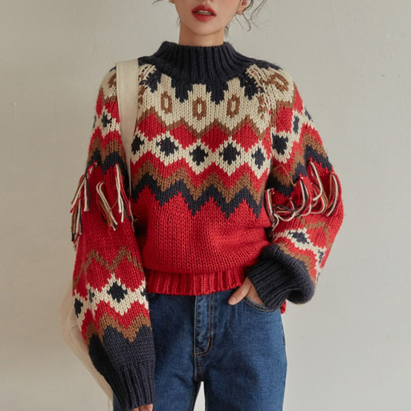 long sleeve autumn winter warm Christmas sweater vintage red jacquard knit sweaters women boho tassle jumper pullover