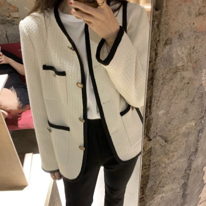 Korean Female White Tweed Basic Jacket Coat Women Clothing Outerwear Coats Channel Style Za Suit Cropped Stripeed Kawaii Channel