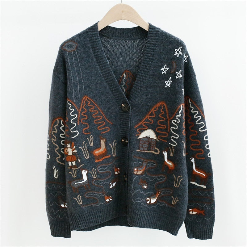 Geumxl Cashmere Knitted Cardigans Sweaters Women Autumn Winter Harajuku Loose Printed Coat V-Neck Long Sleeve Female Clothing