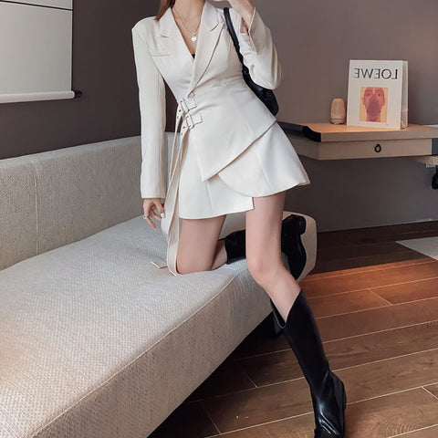 Geumxl-hoco dresses  Elegant Blazer Dress Women High Waist Slim Belted Sashes Long Sleeve Dress Female Korean Office Lady Mini Party Dress Vestidos