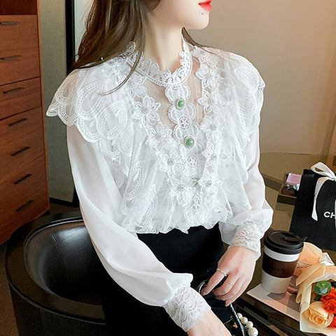 2023 Spring Fashion Embroidered Blouse Beaded Flower Chiffon Shirt Women's Sweet Long-Sleeved Stand-Up Collar Ruffled Lace Shirt