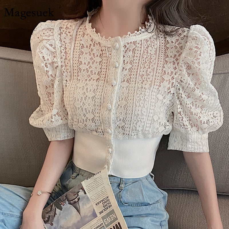 Summer Blouse Women Korean Hollow Out Lace White Women Shirt  2022 New Short Sleeve Button Loose Shirts Solid Female Tops 13607
