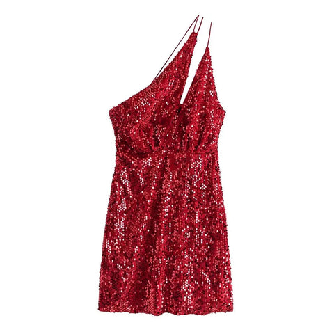 Geumxl-hoco dresses  2024 Summer Women Elegant Vintage Sexy Red Velvet Sequins Dress Female Casual Inclined Shoulder Party Slim Mini Dresses