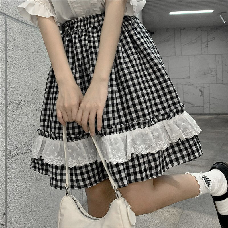 Summer Kawaii Plaid Skirt for Women Japanese Elegant Vintage Ruffles Skirt Soft Girl Casual Designer Beach Party Skirt 2022 New
