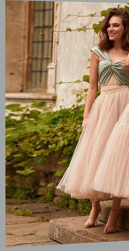 Geumxl Two Pieces Prom Dresses 2022 Green And Pink A-Line Tulle Tiered Mid Length Celebrity Party Dress Girl Graduation Gown