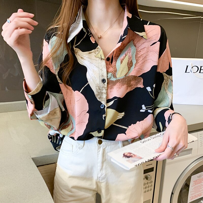 Spring/Summer Shirt Women Korean Style Elegant Long-Sleeved Blouse Chiffon V-Neck Single-Breasted Office Ladies Fashion Clothing