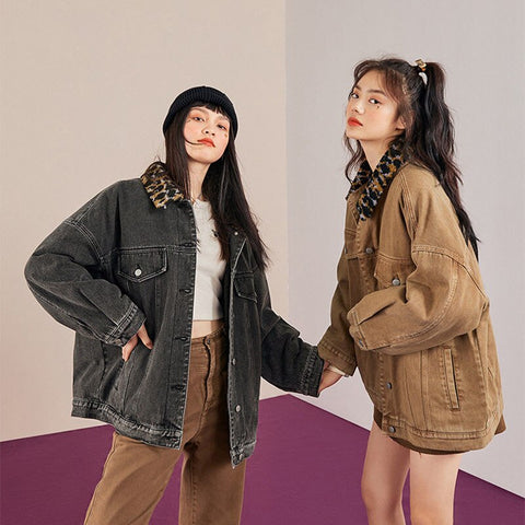 Geumxl Inspired Khaki Denim Jacket Women Long Sleeve Casual Women Jacket Leopard Collar Autumn Winter Jacket Coat New Jean Jacket
