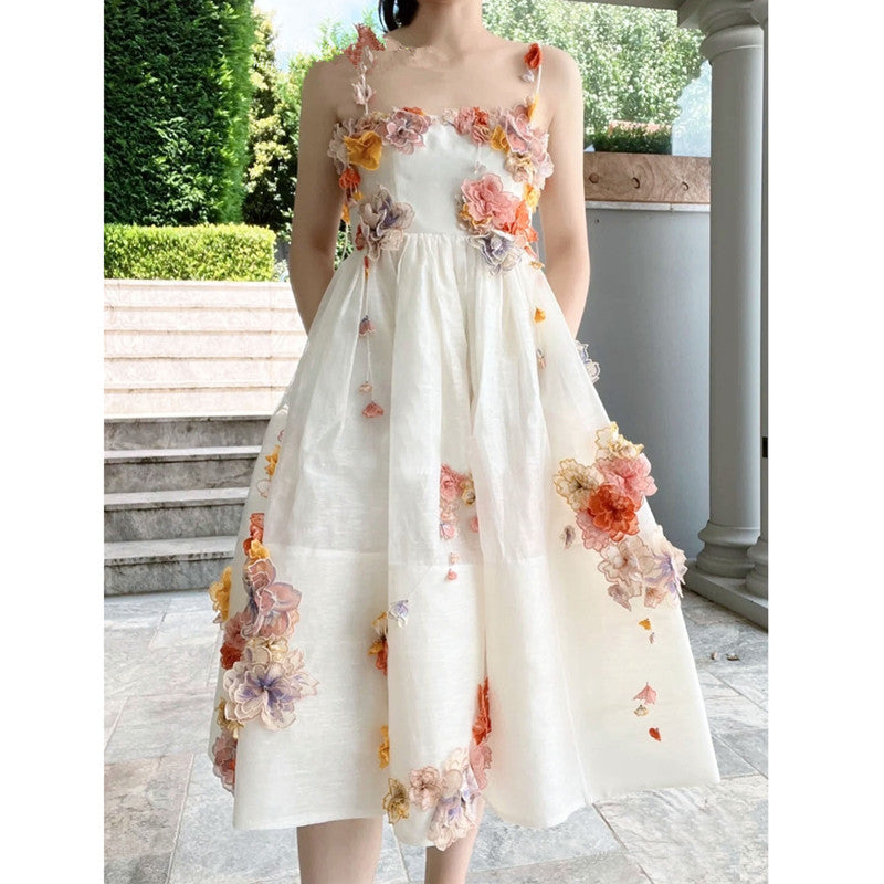 Geumxl Postcard Floral Appliqué Linen Silk-blend Midi Dress White Elegant French Flower Fluffy Spaghetti Strap Long Prom Dress Summer