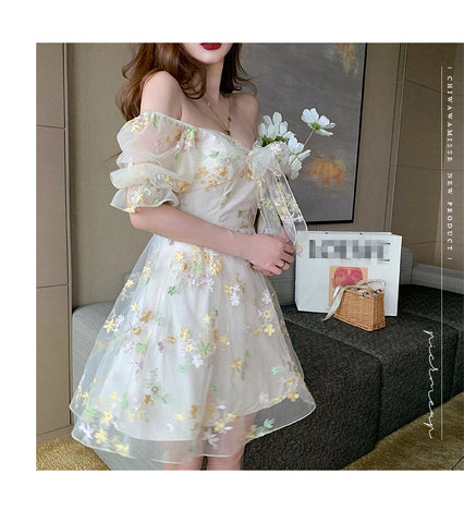 French Floral Dress Women Sexy Puff Sleeve Lace Chiffon Print Mini Dress Women Summer Korean Style Vintage Fairy Dress New 2022