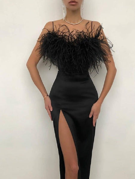 Geumxl Straight Four-Way Stretch Tea-Length Evening Dresses 2023 Prom Dress With Feather Side Slit Vestidos De Fiesta Party Gowns