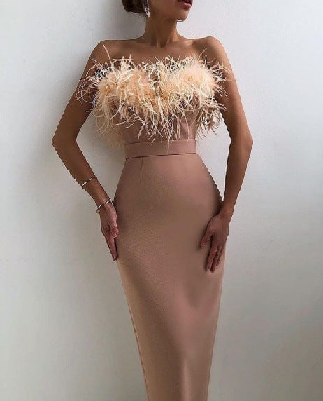 Geumxl Straight Four-Way Stretch Tea-Length Evening Dresses 2023 Prom Dress With Feather Side Slit Vestidos De Fiesta Party Gowns